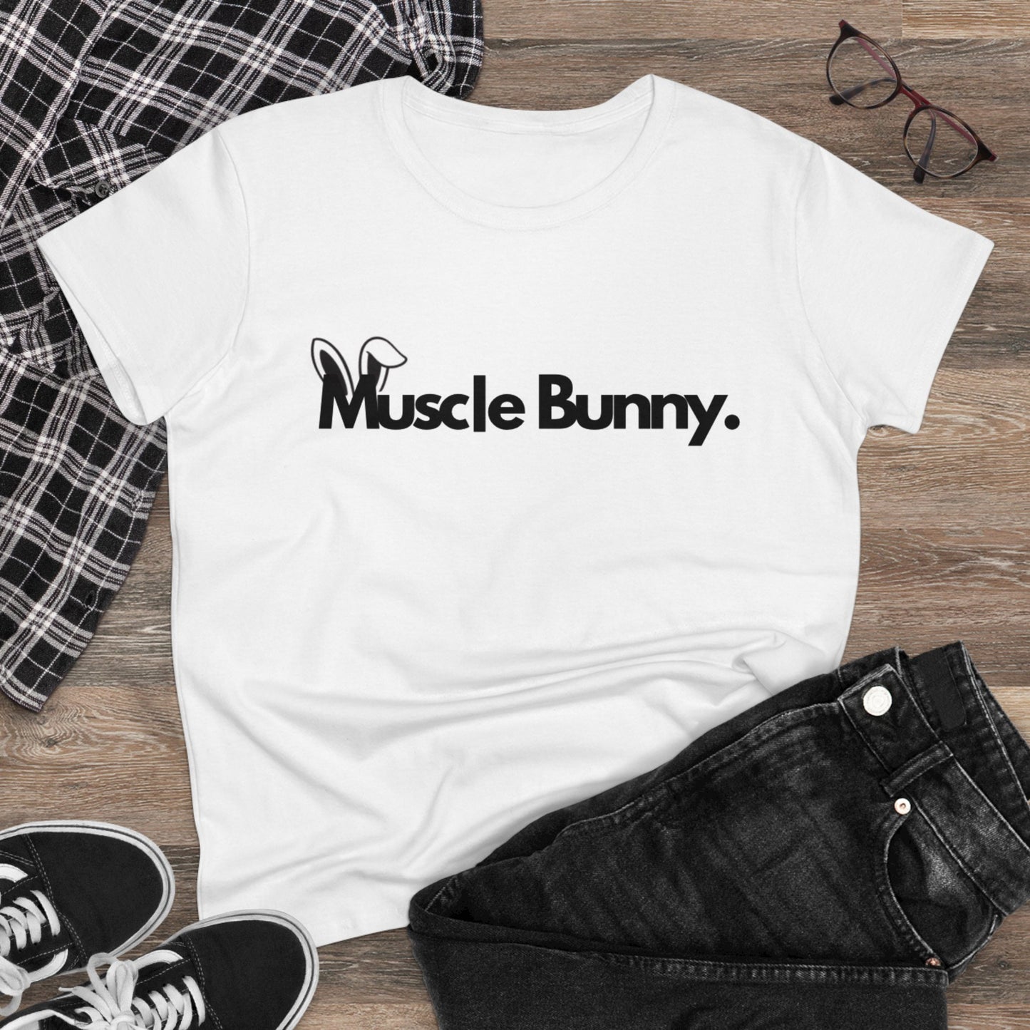 “Muscle Bunny. Women's Midweight Cotton Tee - Casual Graphic T-Shirt